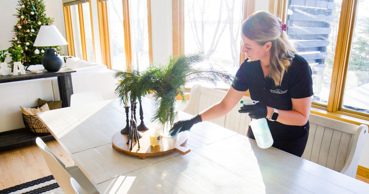 A cleaner detailing a console table in a bright living room